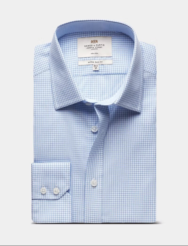 Hawes & Curtis Extra Slim Fit Blue & Navy Check Non-Iron Shirt - Contrast Detail