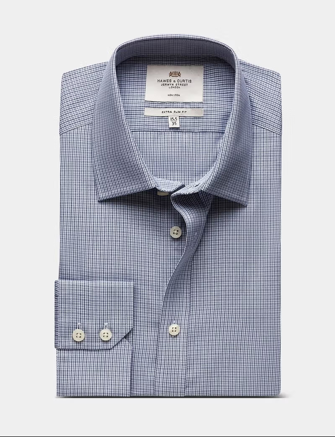 Hawes & Curtis Extra Slim Fit Navy & White Small Check Non-Iron Shirt