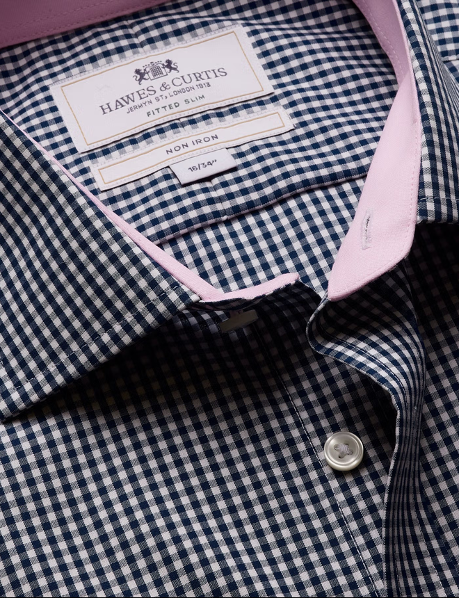 Hawes & Curtis Slim Fit Navy & White Gingham Check Non-Iron Shirt - Contrast Detail