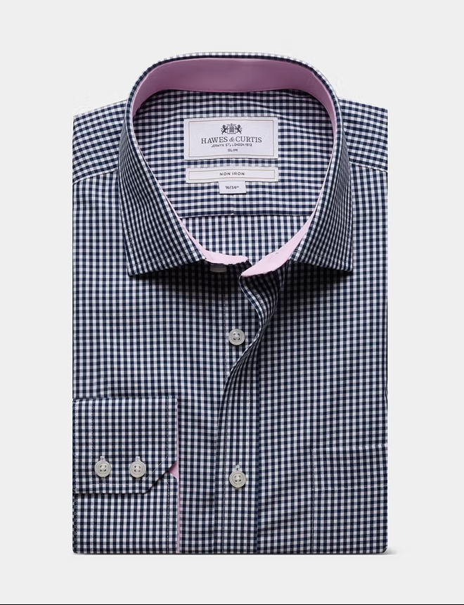 Hawes & Curtis Slim Fit Navy & White Gingham Check Non-Iron Shirt - Contrast Detail