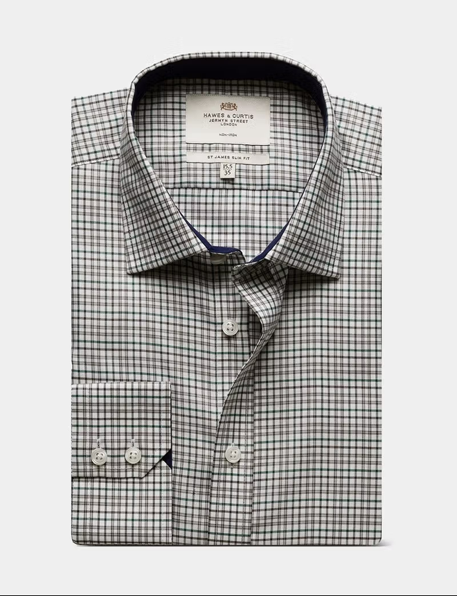 Hawes & Curtis Slim Fit Green & Brown Check Non-Iron Shirt - Contrast Detail
