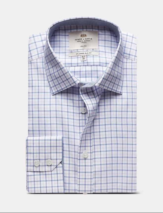 Hawes & Curtis Slim Fit Navy & Lilac Check Non-Iron Shirt - Contrast Detail