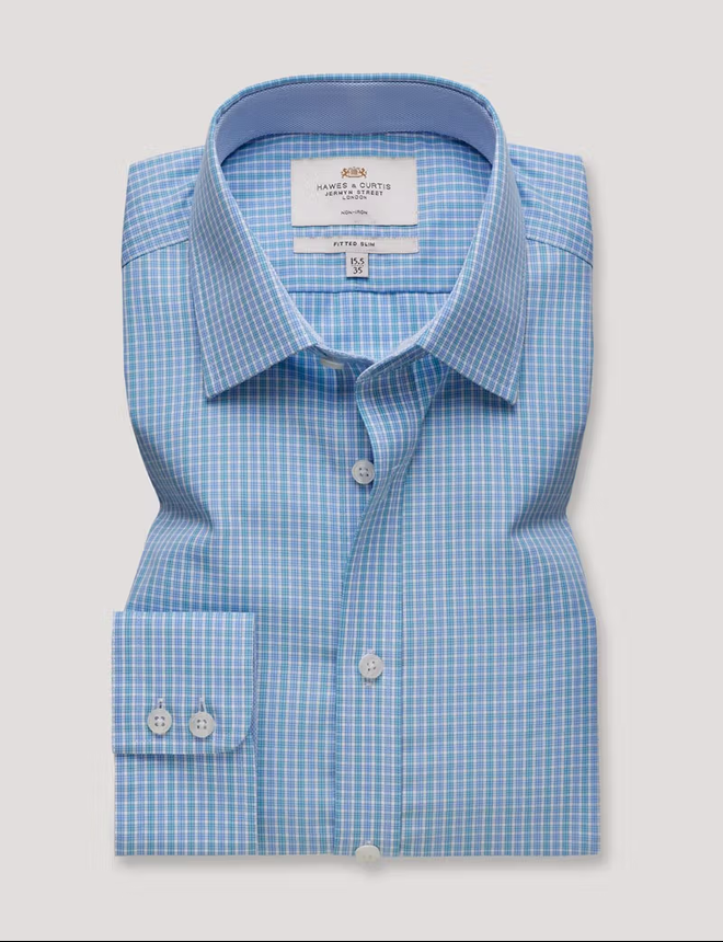 Hawes & Curtis Fitted Slim Blue & Turquoise Check Non-Iron Shirt - Contrast Detail