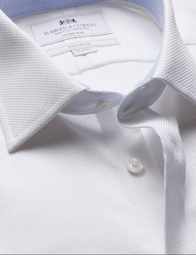 Hawes & Curtis Fitted Slim White Textured Weave Non-Iron Shirt - Contrast Detail