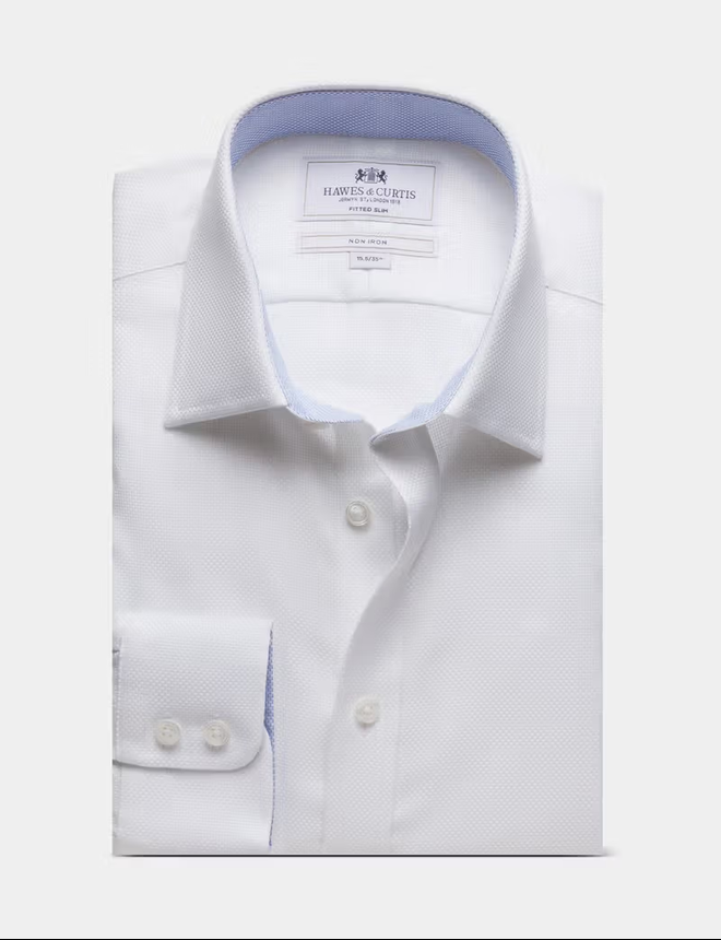 Hawes & Curtis Fitted Slim White Textured Weave Non-Iron Shirt - Contrast Detail