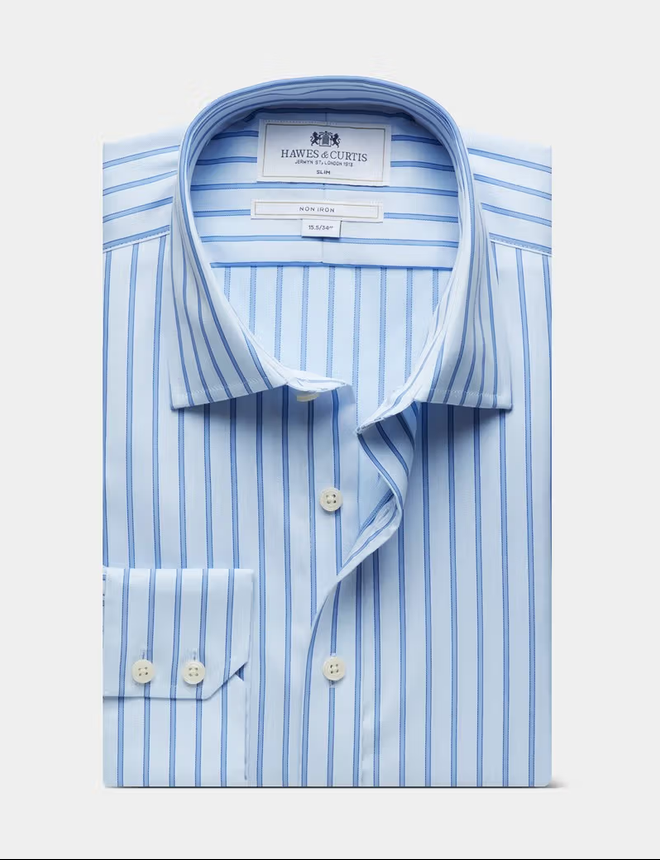 Hawes & Curtis Slim Fit Blue & White Butchers Stripe Non-Iron Shirt