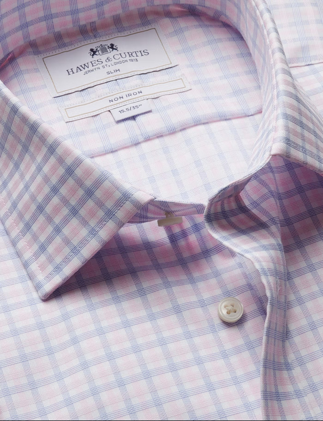 Hawes & Curtis Slim Fit Navy & Pink Check Non-Iron Shirt