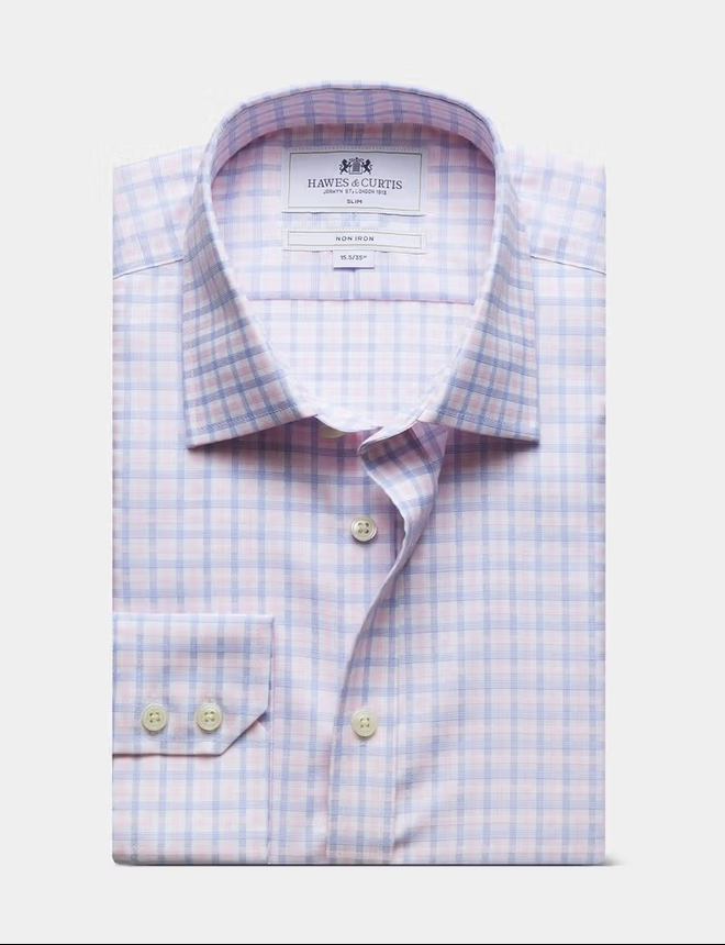 Hawes & Curtis Slim Fit Navy & Pink Check Non-Iron Shirt