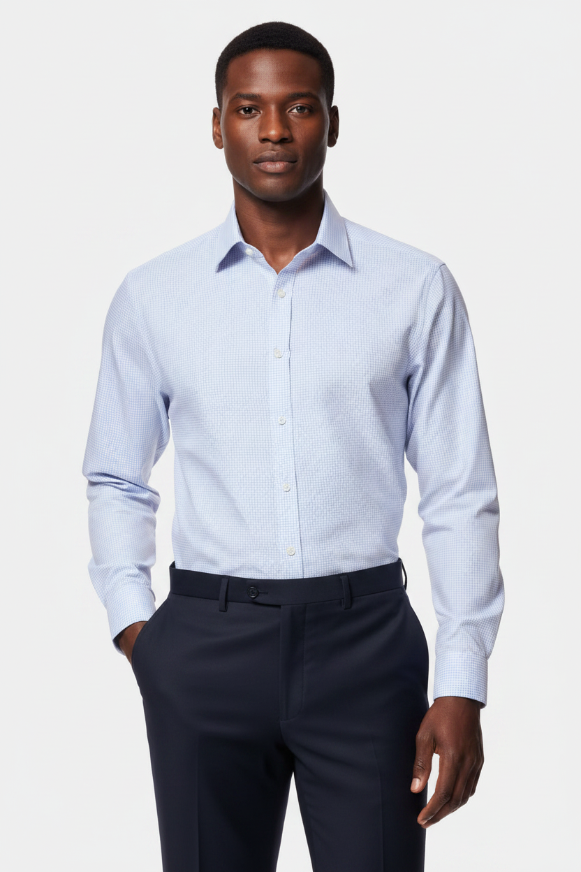 A man wearing a light blue long-sleeve button-down dress shirt and dark trousers, standing against a light gray studio background.