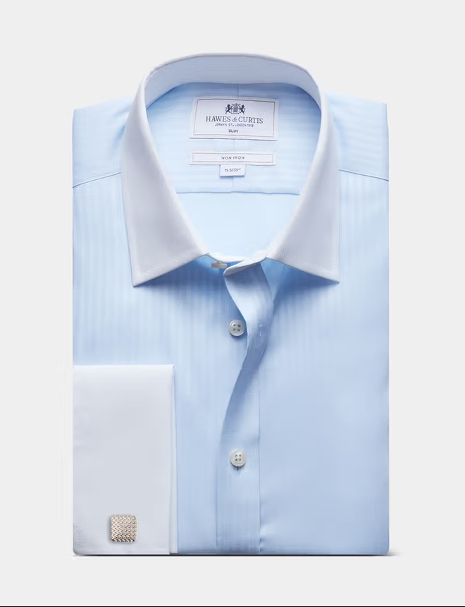 Hawes & Curtis Blue Herringbone Stripe Non-Iron Shirt - Contrast Detail