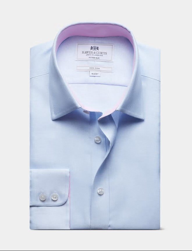 Hawes & Curtis Fitted Slim Blue & White Pick and Pick Non-Iron Shirt - Contrast Detail