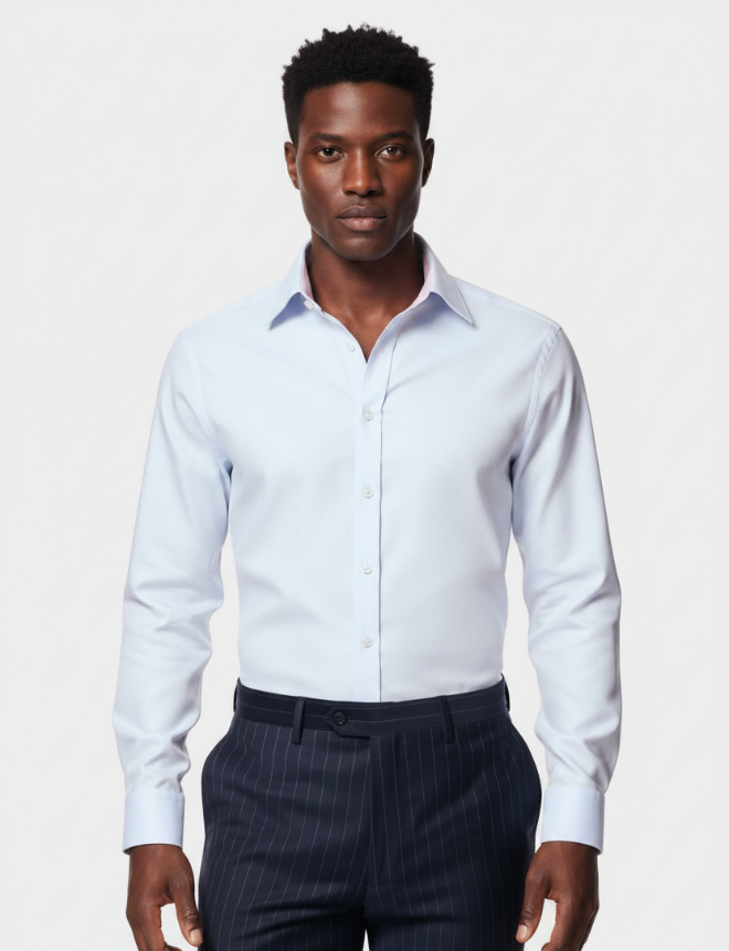 Hawes & Curtis Fitted Slim Blue & White Pick and Pick Non-Iron Shirt - Contrast Detail