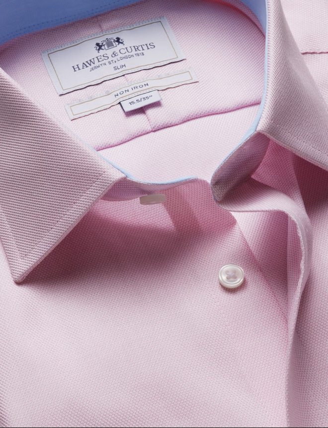 Hawes & Curtis Slim Fit Pink & White Textured Weave Non-Iron Shirt - Contrast Detail