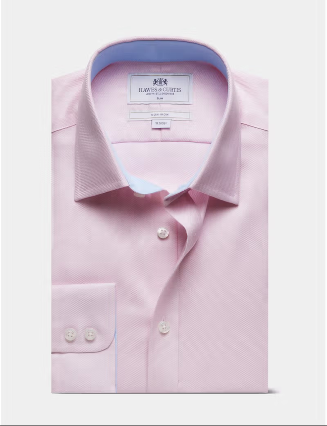 Hawes & Curtis Slim Fit Pink & White Textured Weave Non-Iron Shirt - Contrast Detail