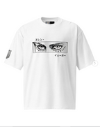 A white short-sleeve crewneck t-shirt featuring a black-and-white graphic print of anime eyes on the chest, with Japanese text above and below, and a small striped graphic on the right sleeve.