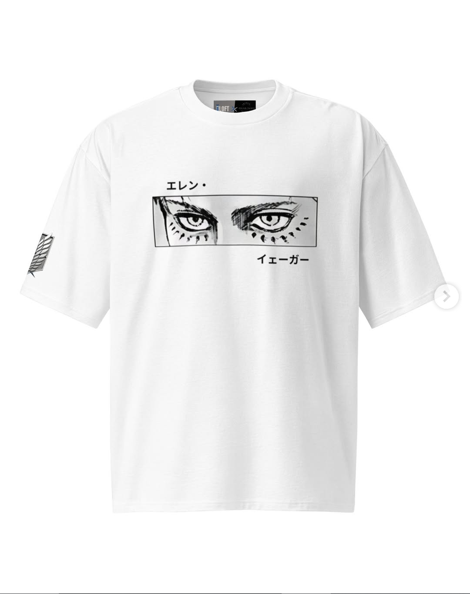A white short-sleeve crewneck t-shirt featuring a black-and-white graphic print of anime eyes on the chest, with Japanese text above and below, and a small striped graphic on the right sleeve.
