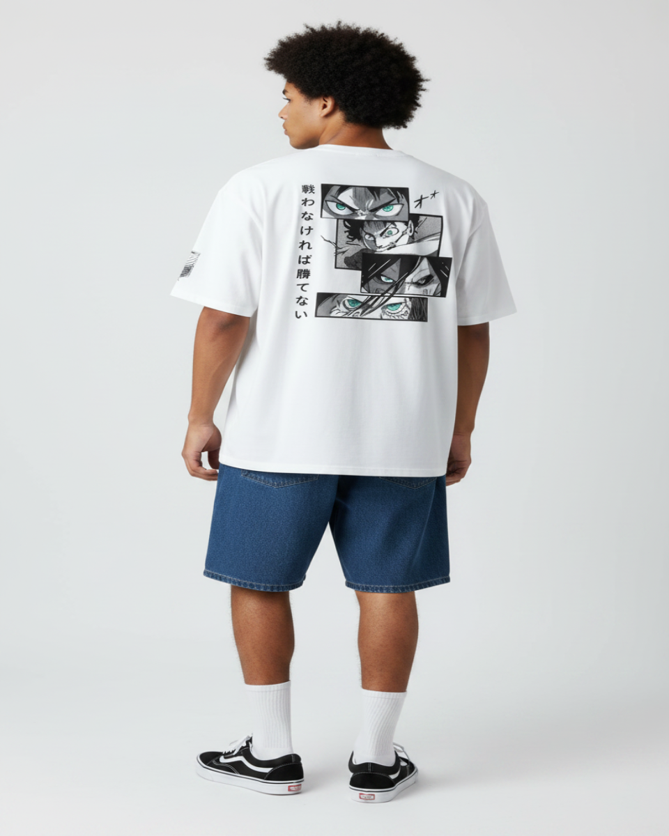 White short-sleeve T-shirt shown from the back, featuring a large black and white anime-style graphic print with green eyes and vertical Japanese text, plus a small sleeve print.