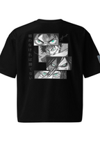 A black short-sleeve t-shirt with a large graphic print on the back featuring anime character faces in grayscale with green eyes, accompanied by vertical Japanese text.