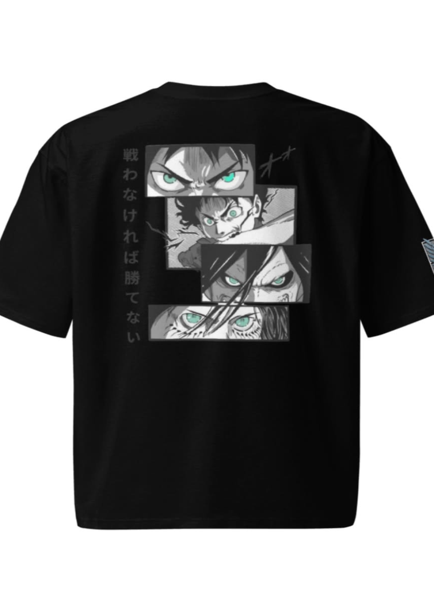 A black short-sleeve t-shirt with a large graphic print on the back featuring anime character faces in grayscale with green eyes, accompanied by vertical Japanese text.