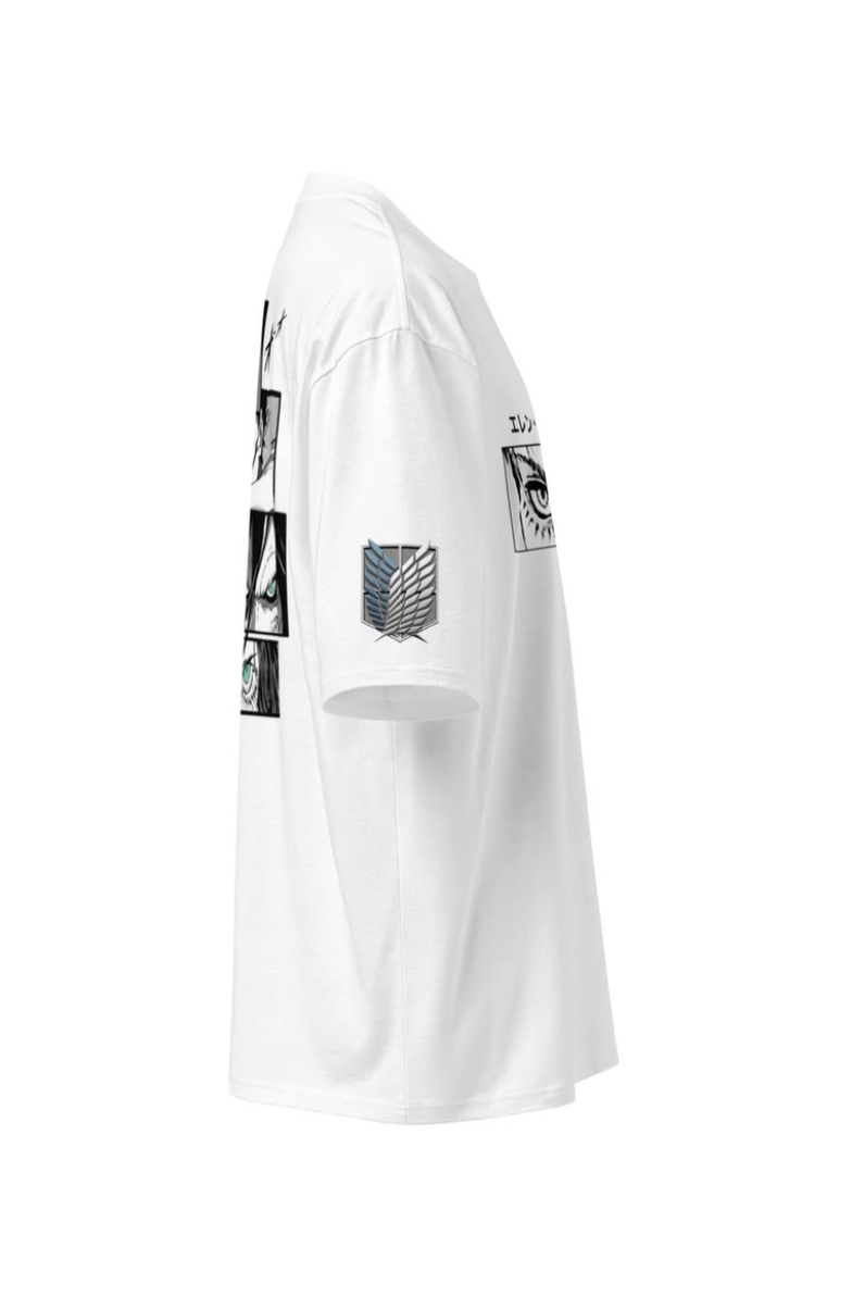 White short-sleeve T-shirt shown from the side, featuring black and gray graphic prints on the front and sleeves, displayed on a plain white background.