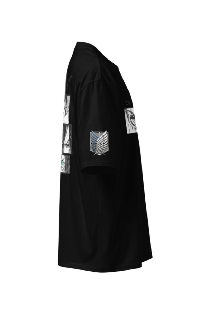A black short-sleeve t-shirt shown from the side profile, featuring printed graphic patches on the sleeve and torso with the Attack on Titan emblem.