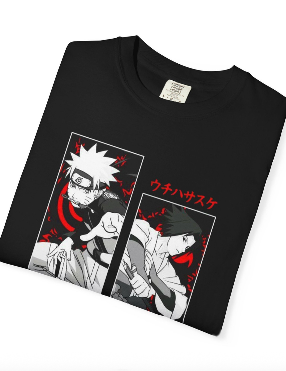 A folded black short-sleeve t-shirt featuring anime character graphics from Naruto, including Uchiha Sasuke, on a clean white background.