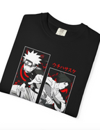 A folded black short-sleeve t-shirt featuring anime character graphics from Naruto, including Uchiha Sasuke, on a clean white background.