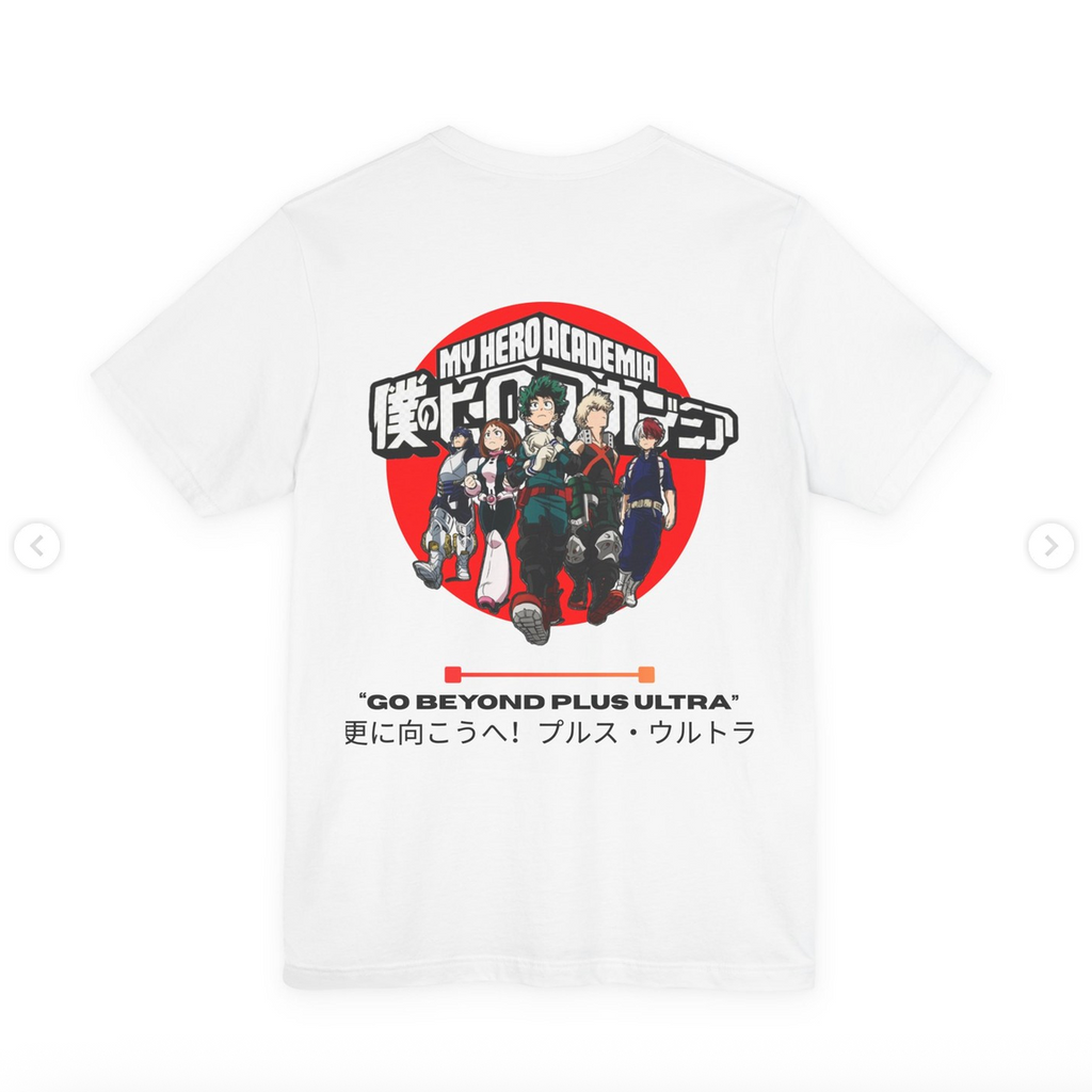 White short-sleeve T-shirt shown from the back, featuring a large circular anime graphic with multiple characters inside a red circle and Japanese text below, on a light gray background.