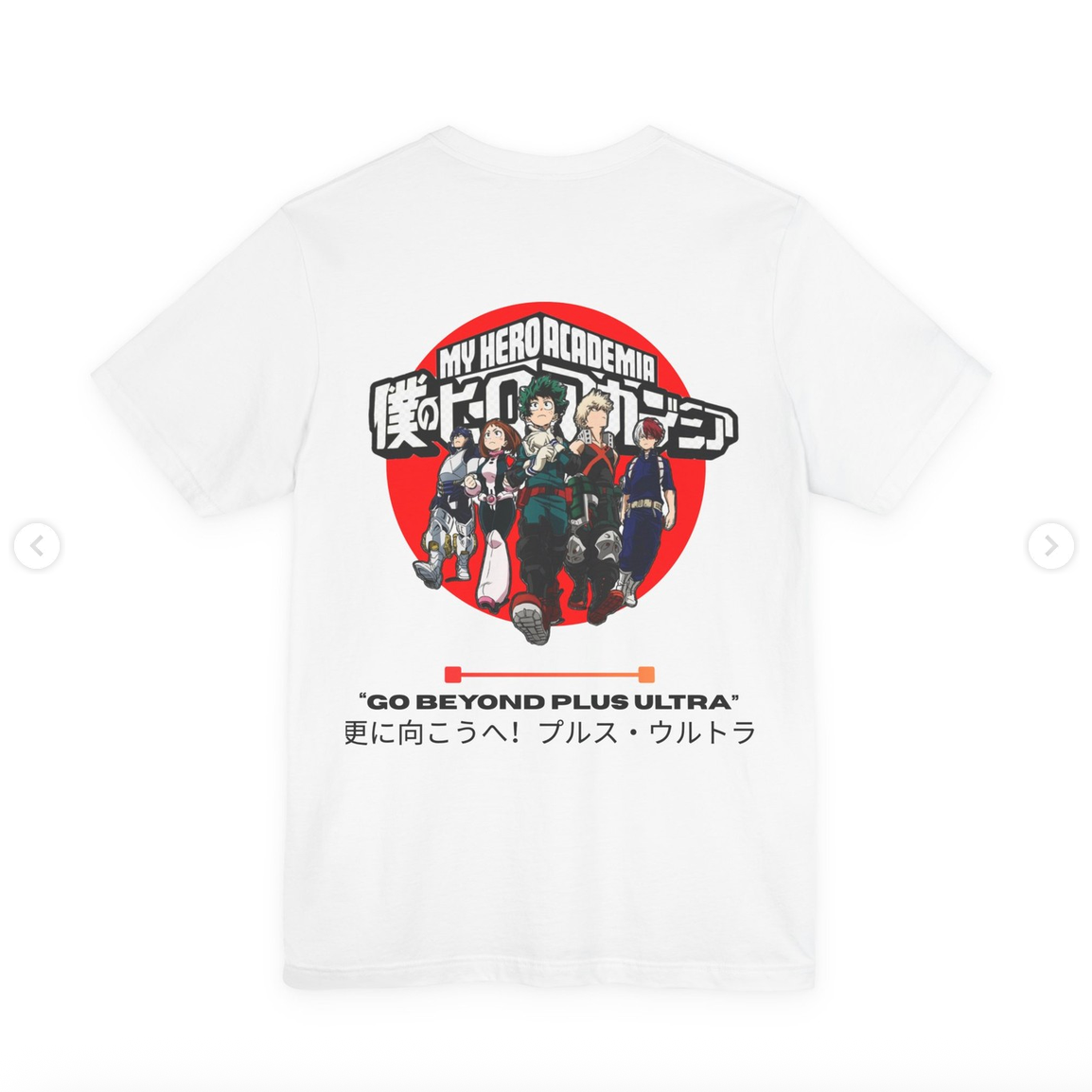 White short-sleeve T-shirt shown from the back, featuring a large circular anime graphic with multiple characters inside a red circle and Japanese text below, on a light gray background.