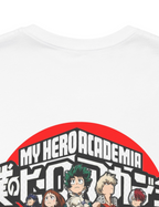 White short-sleeve T-shirt with a large My Hero Academia graphic on the front, featuring the series title in white text over a red circular background and illustrated characters.