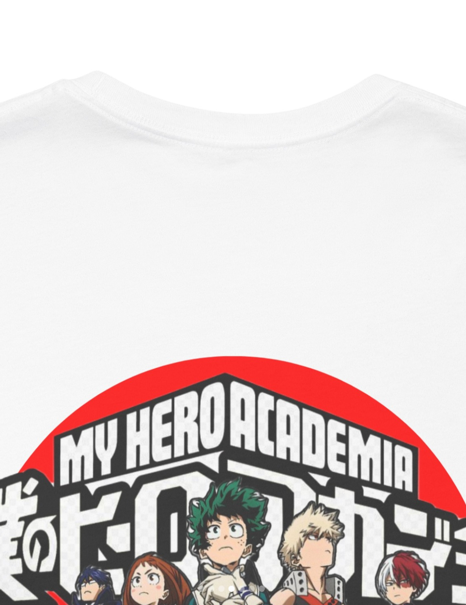White short-sleeve T-shirt with a large My Hero Academia graphic on the front, featuring the series title in white text over a red circular background and illustrated characters.