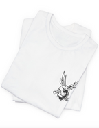 A folded white crewneck t-shirt with a small black graphic of a stylized bird or skull motif on the left chest, displayed on a clean white background.