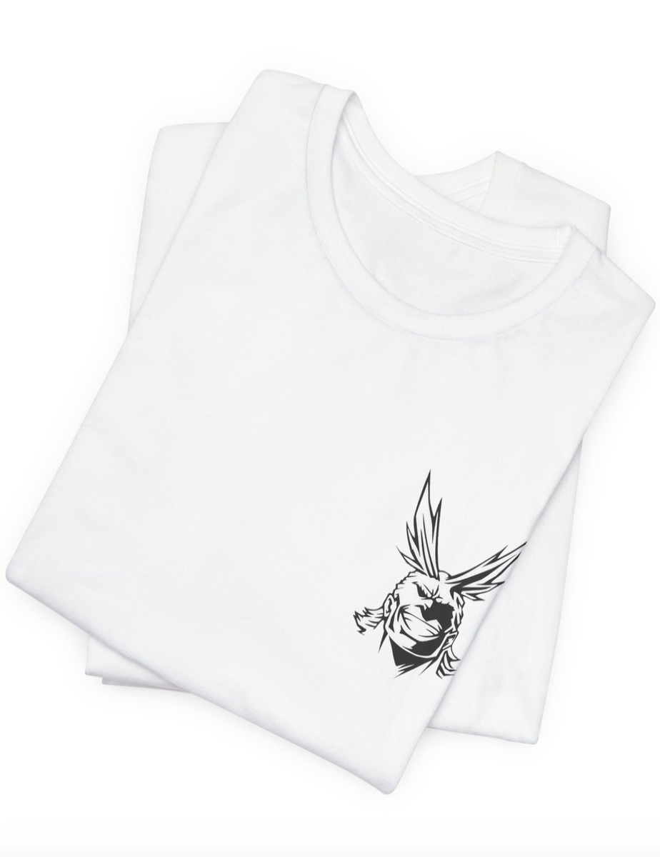 A folded white crewneck t-shirt with a small black graphic of a stylized bird or skull motif on the left chest, displayed on a clean white background.