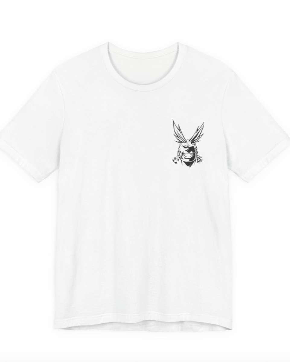 A white short-sleeve crewneck t-shirt with a small black line-art graphic of a rabbit head holding a cigarette on the left chest, displayed on a clean white background.