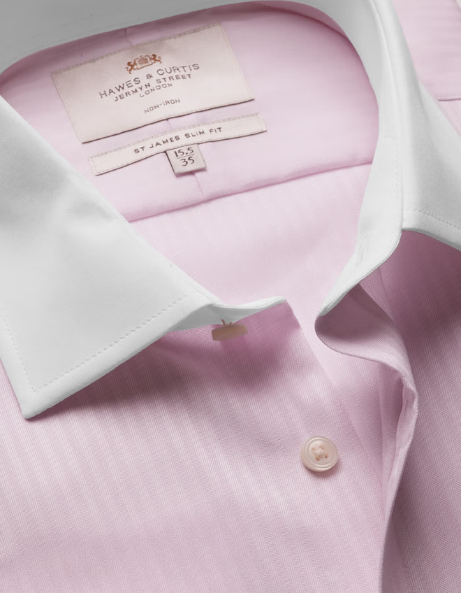 Hawes & Curtis Slim Fit Pink Herringbone Stripe Non-Iron Shirt - Contrast Detail