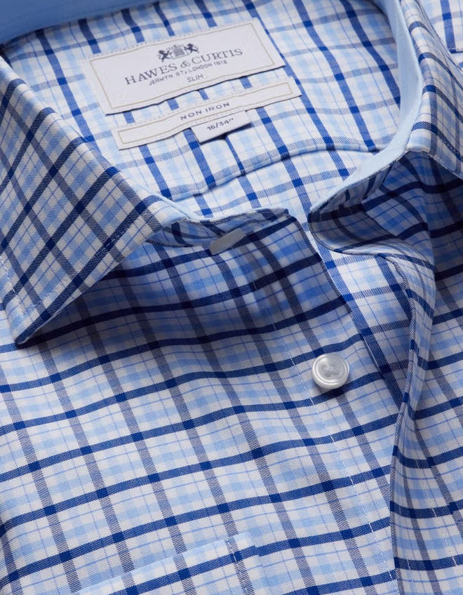 Hawes & Curtis Slim Fit Blue & Navy Multi Check Non-Iron Shirt - Contrast Detail