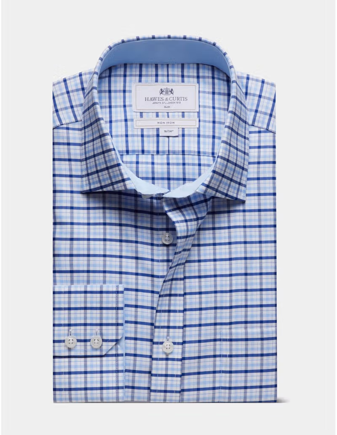 Hawes & Curtis Slim Fit Blue & Navy Multi Check Non-Iron Shirt - Contrast Detail