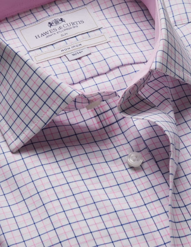 Hawes & Curtis Slim Fit Pink & Navy Multi Check Non-Iron Shirt - Contrast Detail