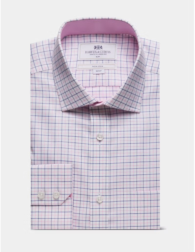 Hawes & Curtis Slim Fit Pink & Navy Multi Check Non-Iron Shirt - Contrast Detail