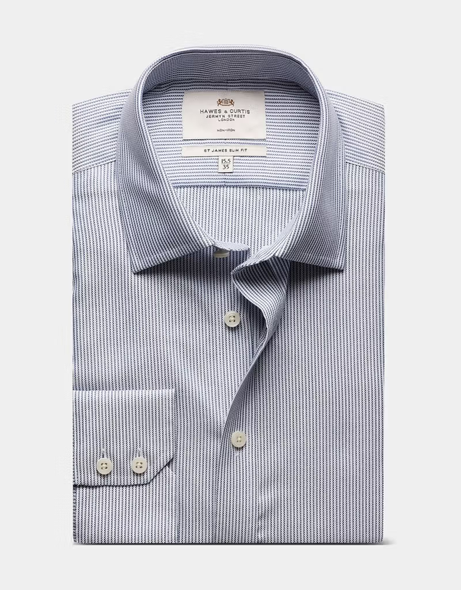 Hawes & Curtis Slim Fit Navy & White Textured Stripe Non-Iron Shirt