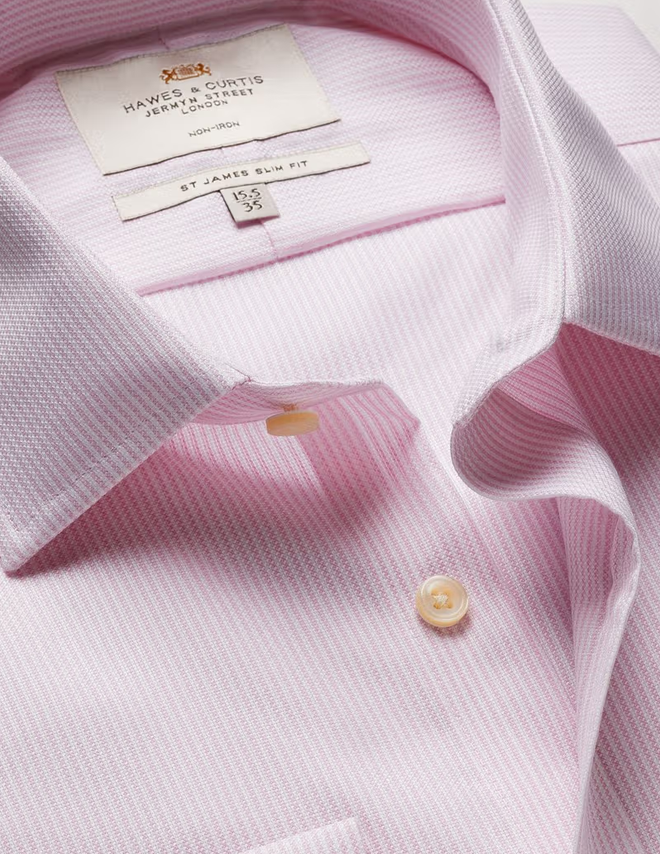 Hawes & Curtis Slim Fit Pink & White Textured Stripe Non-Iron Shirt
