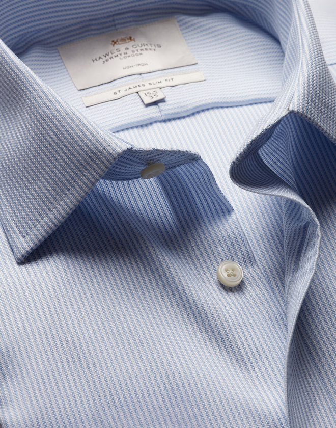 Hawes & Curtis Slim Fit Blue & White Textured Stripe Non-Iron Shirt