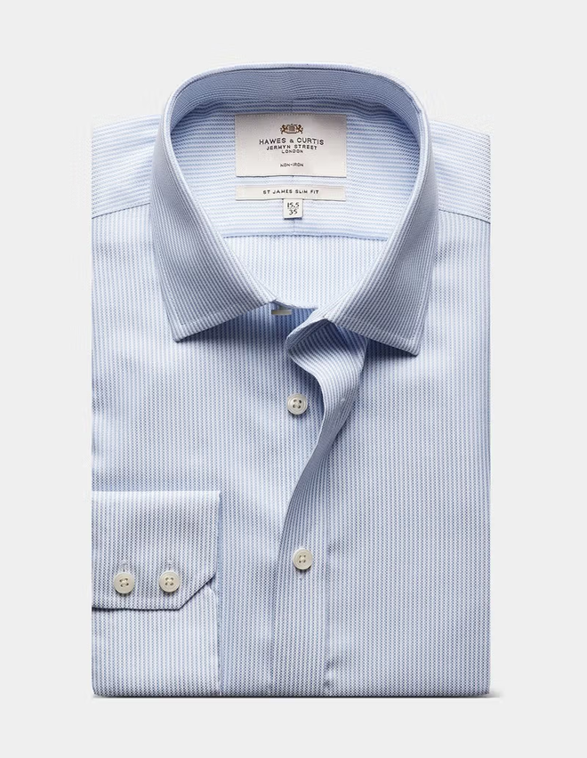 Hawes & Curtis Slim Fit Blue & White Textured Stripe Non-Iron Shirt