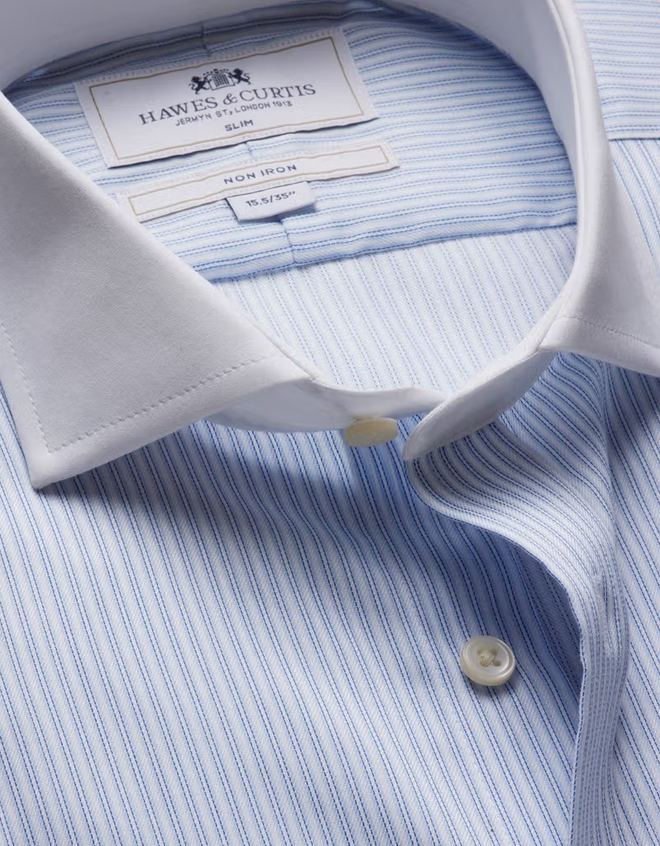 Hawes & Curtis Slim Fit Blue & White Stripe Twill Non-Iron Shirt - Contrast Detail