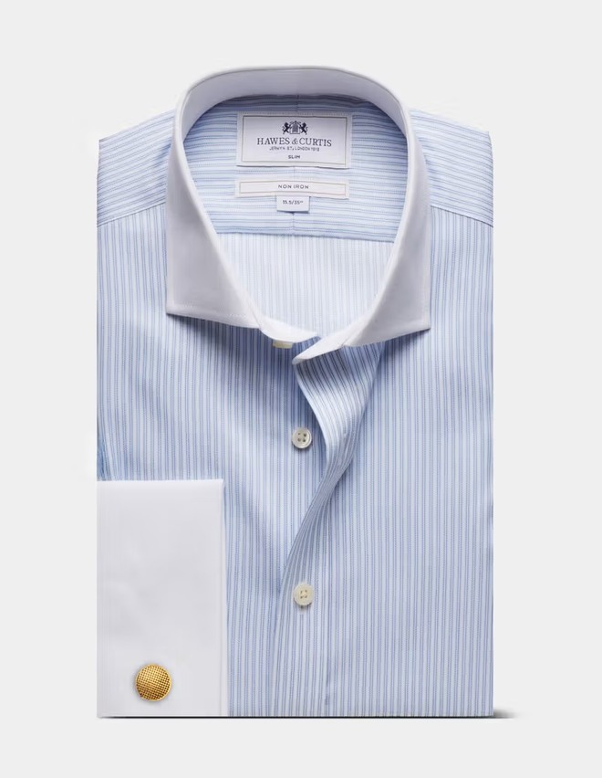 Hawes & Curtis Slim Fit Blue & White Stripe Twill Non-Iron Shirt - Contrast Detail