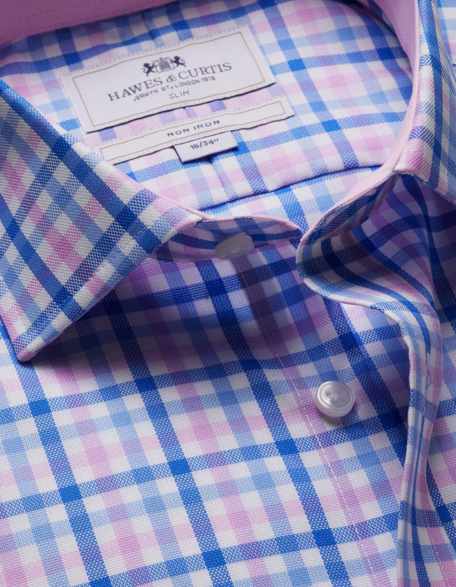 Hawes & Curtis Slim Fit Blue & Pink Multi Check Non-Iron Shirt - Contrast Detail