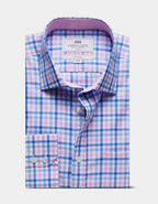 Hawes & Curtis Slim Fit Blue & Pink Multi Check Non-Iron Shirt - Contrast Detail