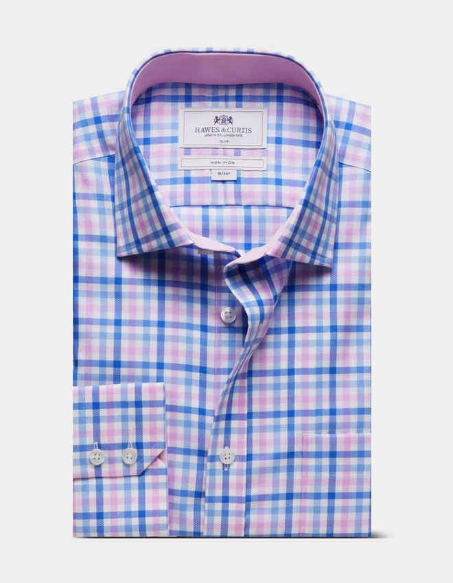 Hawes & Curtis Slim Fit Blue & Pink Multi Check Non-Iron Shirt - Contrast Detail