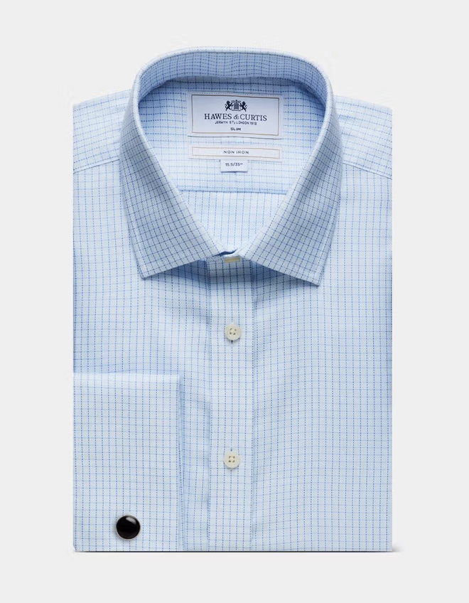 Hawes & Curtis Slim Fit Blue & White Mini Check Non-Iron Shirt