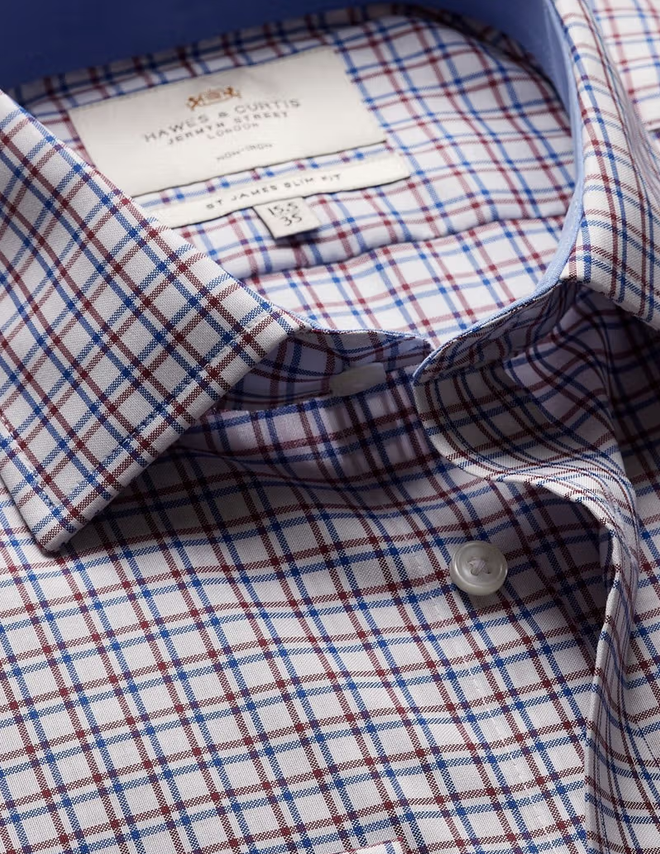 Hawes & Curtis Slim Fit Blue & Red Check Non-Iron Shirt - Contrast Detail